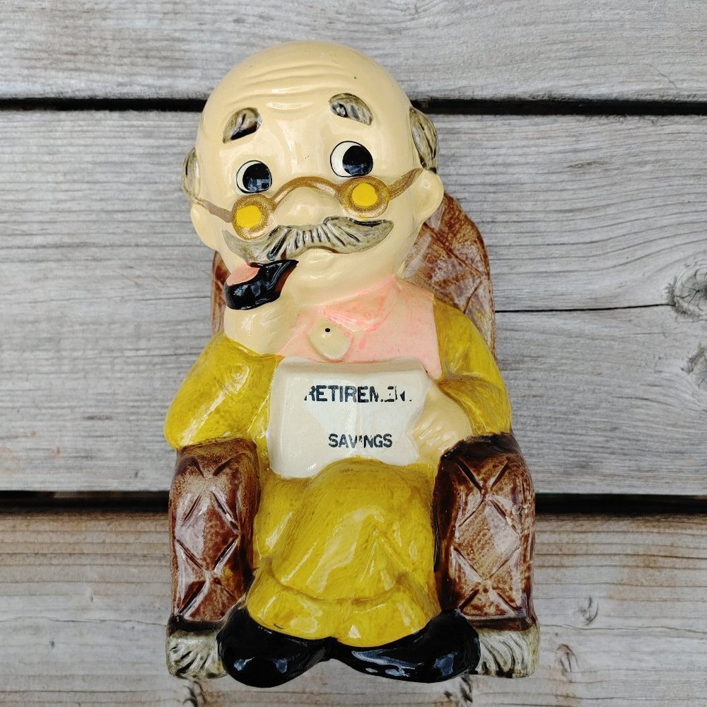 UNIQUE Vintage Piggy Bank Grandpa in a Rocking Chair RETIREMENT FUND TAIWAN